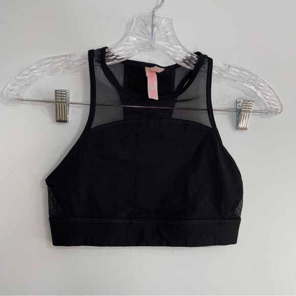 PINK Victoria’s Secret Haut Court Crop Racerback Mesh Logo Sports Bra Black XS - Picture 9 of 13